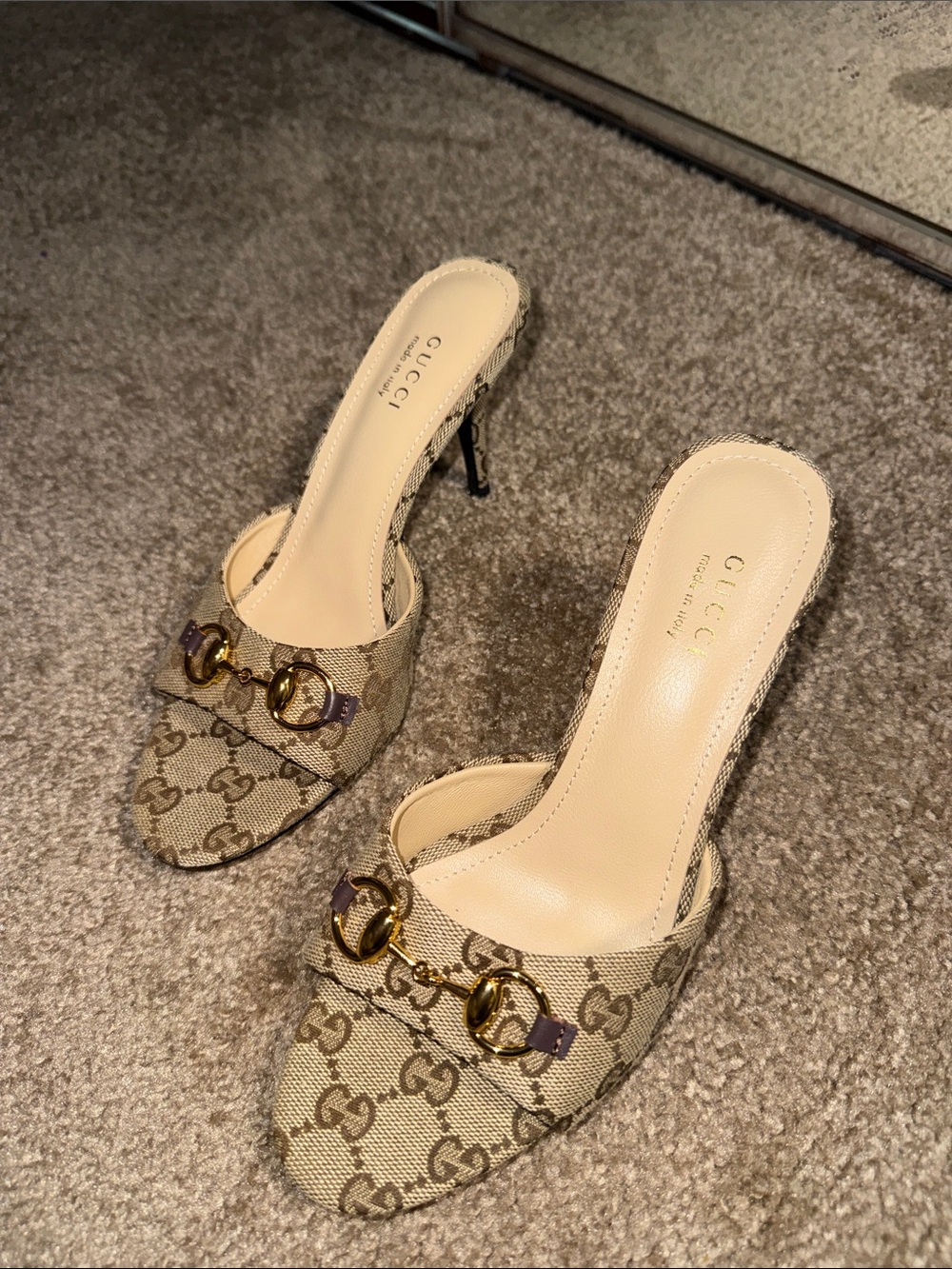 Gucci Beige GG Canvas Horsebit Slip-On Mules